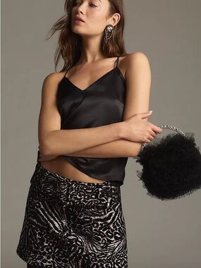 Anthropologie Black Satin V-Neck Camisole
